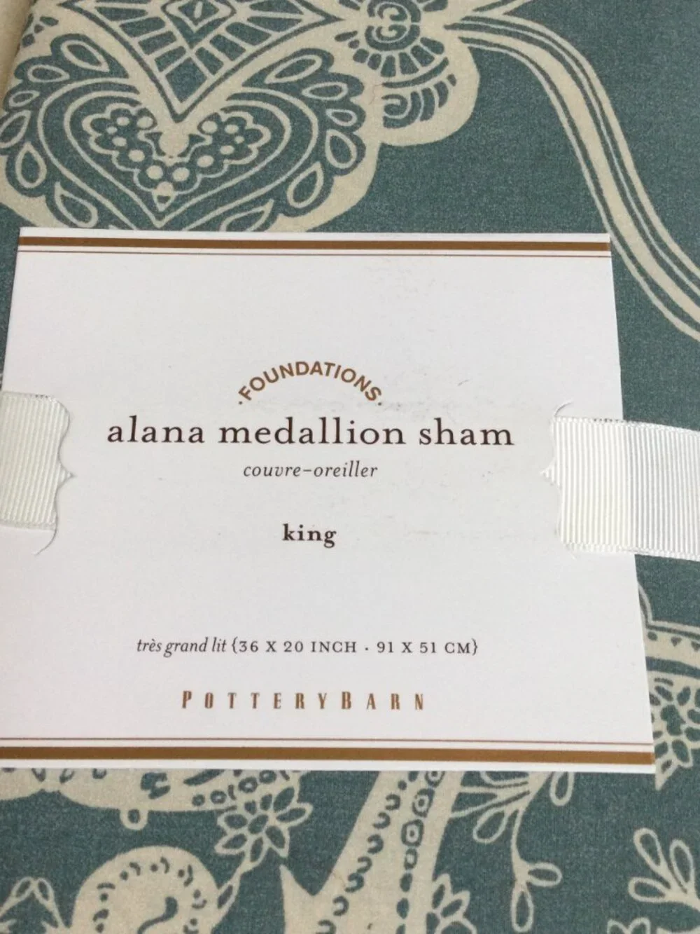 NEW Pottery Barn Alana Medallion KING Sham Teal white medallion paisley pattern